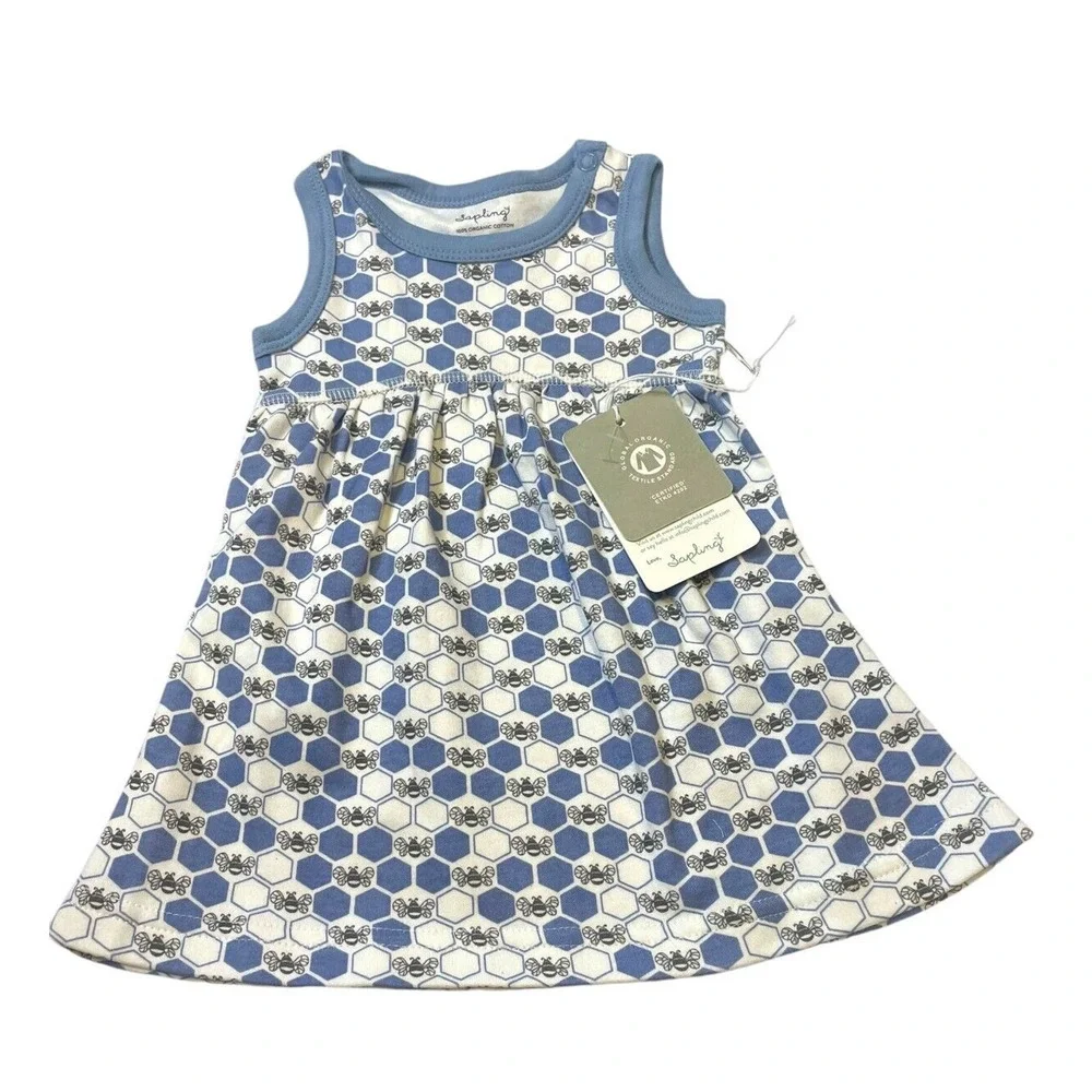 Sapling Cornflower Blue Bees Dress Sleeveless Organic Cotton Girls Size 3-6M NWT